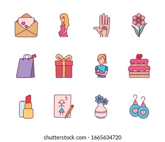 line and fill style icon set design, happy mothers day love relationship decoration celebration greeting and invitation theme Vector illustration