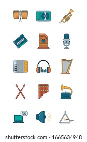 line and fill style icon set design, Music sound melody song musical art and composition theme Vector illustration