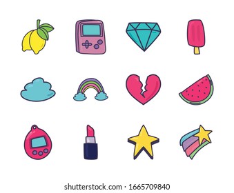 line and fill style icon set design, 90s retro leisure technology entertainment obsession digital and lifestyle theme Vector illustration
