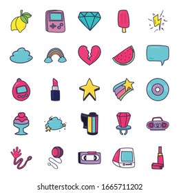 line and fill style icon set design, 90s retro leisure technology entertainment obsession digital and lifestyle theme Vector illustration