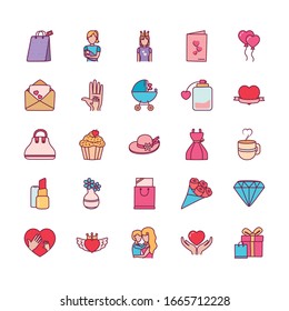 diseño de conjunto de iconos de estilo línea y relleno, feliz madre día de amor relación de la relación de amor la celebración del saludo y tema de invitación Ilustración vectorial