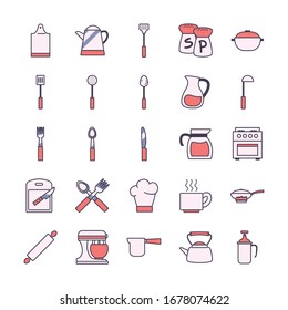 line and fill style icon set design, kitchen cook eat food restaurant home menu dinner lunch cooking and meal theme Vector illustration