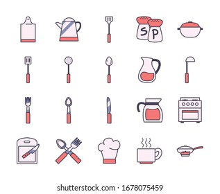 line and fill style icon set design, kitchen cook eat food restaurant home menu dinner lunch cooking and meal theme Vector illustration