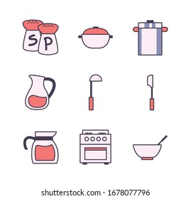 line and fill style icon set design, kitchen cook eat food restaurant home menu dinner lunch cooking and meal theme Vector illustration