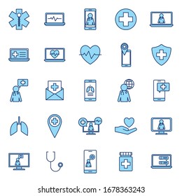 Linie und Füllstil Symbol-Set Design der Online-Klinik für medizinische Notfallhilfe und Vektorillustration des Patiententhemas