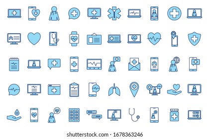line and fill style icon set design of Health online medical care emergency aid exam clinic and patient theme Vector illustration