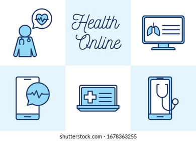 line and fill style icon set design of Health online medical care emergency aid exam clinic and patient theme Vector illustration