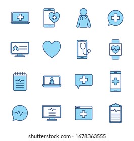line and fill style icon set design of Health online medical care emergency aid exam clinic and patient theme Vector illustration