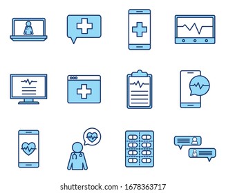 línea y relleno diseño de conjunto de iconos de atención médica en línea clínica de emergencia de atención médica y tema del paciente Ilustración del vector