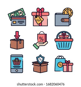 line fill style icon set design of Sale shopping commerce market store shop retail buy paying banking and consumerism theme Vector illustration