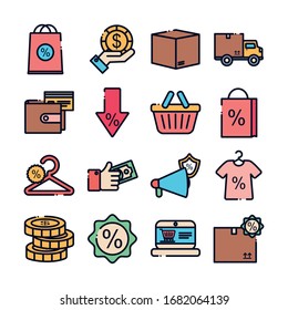 line fill style icon set design of Sale shopping commerce market store shop retail buy paying banking and consumerism theme Vector illustration