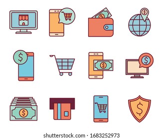line and fill style icon set of Payments online shopping money financial banking commerce market buy currency accounting and invest theme Vector illustration