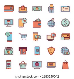 línea y estilo de relleno conjunto de pagos compras en línea dinero banca financiera comercio comercial comprar contabilidad de divisas e invertir tema Vector ilustración