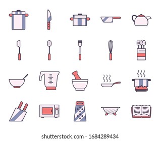 Linie und Füllungsstil Ikone Set Design, Küche Koch-Koch essen Restaurant Hausmenü Abendessen Kochen und Essen Thema Vektorillustration Illustration