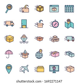 Line And Fill Style Icon Set Design, Fast Delivery Logistics Transportation Shipping Service Warehouse Industry And Global Theme Vector Illustration