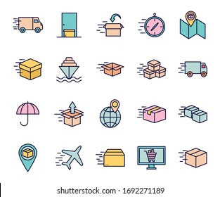Line and fill style icon set design, Fast delivery logistics transportation shipping service warehouse industry and global theme Vector illustration