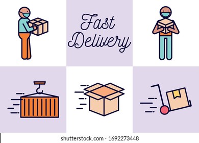 Diseño de conjunto de iconos de línea y estilo de relleno, entrega rápida logística transporte transporte almacén de servicios de envío industria y tema global Ilustración de vectores