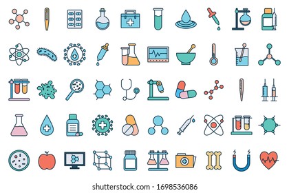 line and fill style icon set design, Science chemistry laboratory research technology biology equipment and test theme Vector illustration