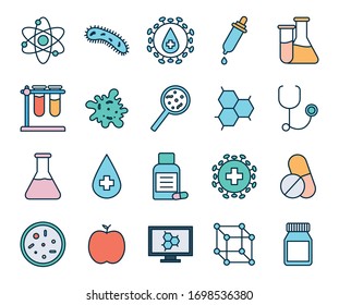 Design von Linien- und Füllstil-Symbolen, Ausrüstung für Laborforschung, Biologie und Vektorillustration zum Testen