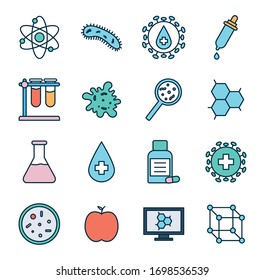 line and fill style icon set design, Science chemistry laboratory research technology biology equipment and test theme Vector illustration