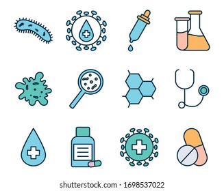 line and fill style icon set design, Science chemistry laboratory research technology biology equipment and test theme Vector illustration