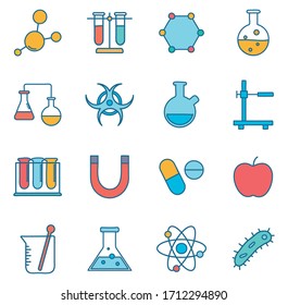 Diseño de conjunto de iconos de línea y relleno, Equipo de biología de la ciencia química de laboratorio de investigación de laboratorio y tema de prueba Ilustración vectorial