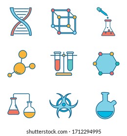 Line and fill style icon set design, Science chemistry laboratory research technology biology equipment and test theme Vector illustration