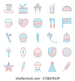 line and fill style icon set design, Independence day united states and national theme Vector illustration