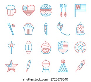 Stil-Icon-Set-Design, Unabhängigkeitstag vereinten Staaten und nationales Thema Vector Illustration