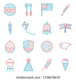 line and fill style icon set design, Independence day united states and national theme Vector illustration