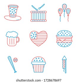 Stil-Icon-Set-Design, Unabhängigkeitstag vereinten Staaten und nationales Thema Vector Illustration