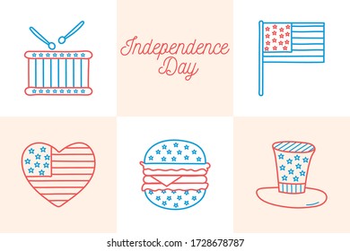line and fill style icon set design, Independence day united states and national theme Vector illustration