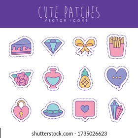 line and fill style icon set design, Cute patches expression emoticon and childhood theme Vector illustration