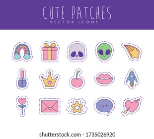 line and fill style icon set design, Cute patches expression emoticon and childhood theme Vector illustration
