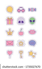 line and fill style icon set design, Cute patches expression emoticon and childhood theme Vector illustration