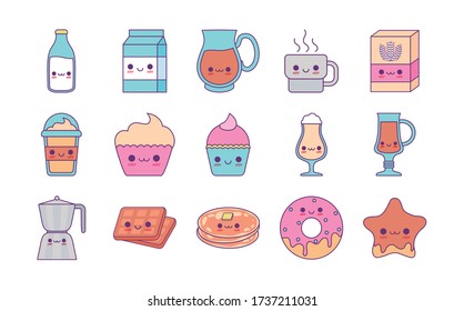 line and fill style icon set design, Kawaii food cartoons theme Vector illustration