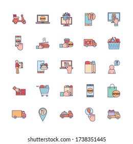 line and fill style icon set design, Food delivery logistics transportation and shipping theme Vector illustration