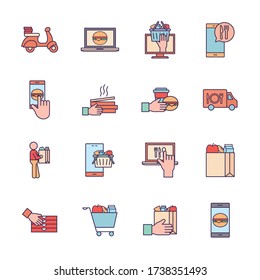 line and fill style icon set design, Food delivery logistics transportation and shipping theme Vector illustration