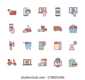 line and fill style icon set design, Food delivery logistics transportation and shipping theme Vector illustration