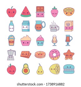 line and fill style icon set design, Kawaii food cartoons theme Vector illustration