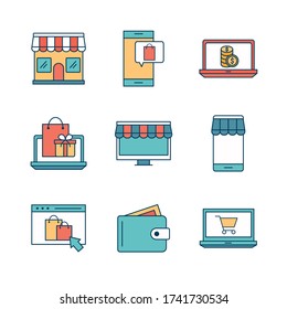 diseño de conjunto de iconos de estilo línea y relleno Diseño de compras de comercio en línea y tema de mercado Ilustración vectorial