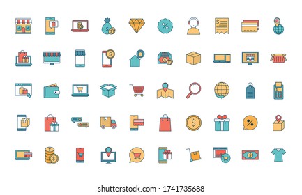 line and fill style icon set design of Shopping online commerce and market theme Vector illustration