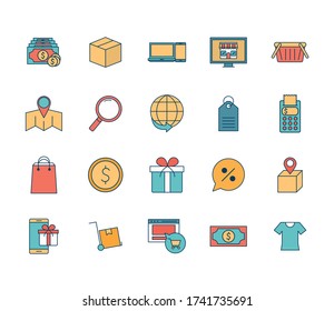 line and fill style icon set design of Shopping online commerce and market theme Vector illustration