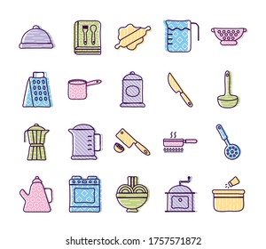 line and fill style icon set design, Cook kitchen eat and food theme Vector illustration