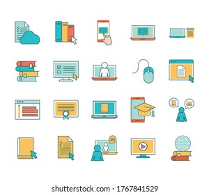 line and fill style icon set design, Education online and elearning theme Vector illustration