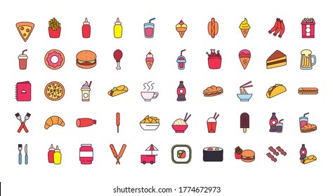 line and fill style icon set design, fast food eat restaurant and menu theme Vector illustration