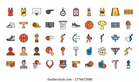 line and fill style icon set design, Basketball sport hobby competition and game theme Vector illustration