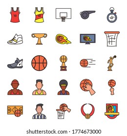 line and fill style icon set design, Basketball sport hobby competition and game theme Vector illustration