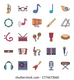 line and fill style icon set design, Music instruments sound melody song musical art and composition theme Vector illustration