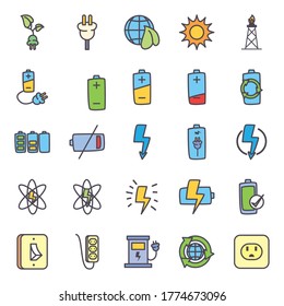 diseño de conjunto de iconos de estilo de línea y relleno, carga de tecnología de energía ecológica y tema ecológico Ilustración vectorial